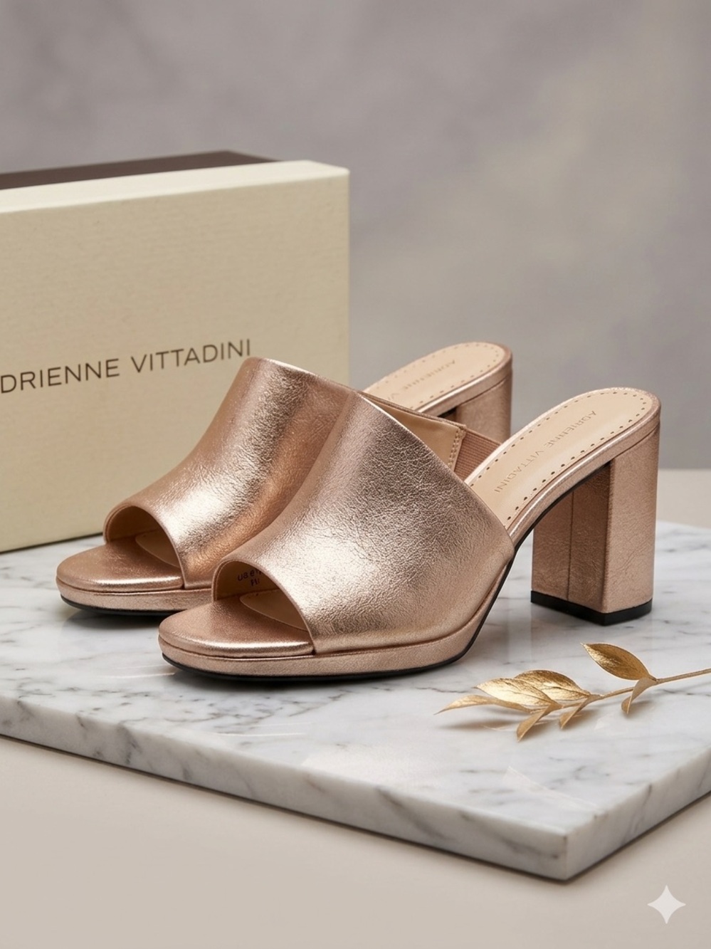 Adrienne Vittadini Metallic Rose Gold Block Heel Mules Size 6.5